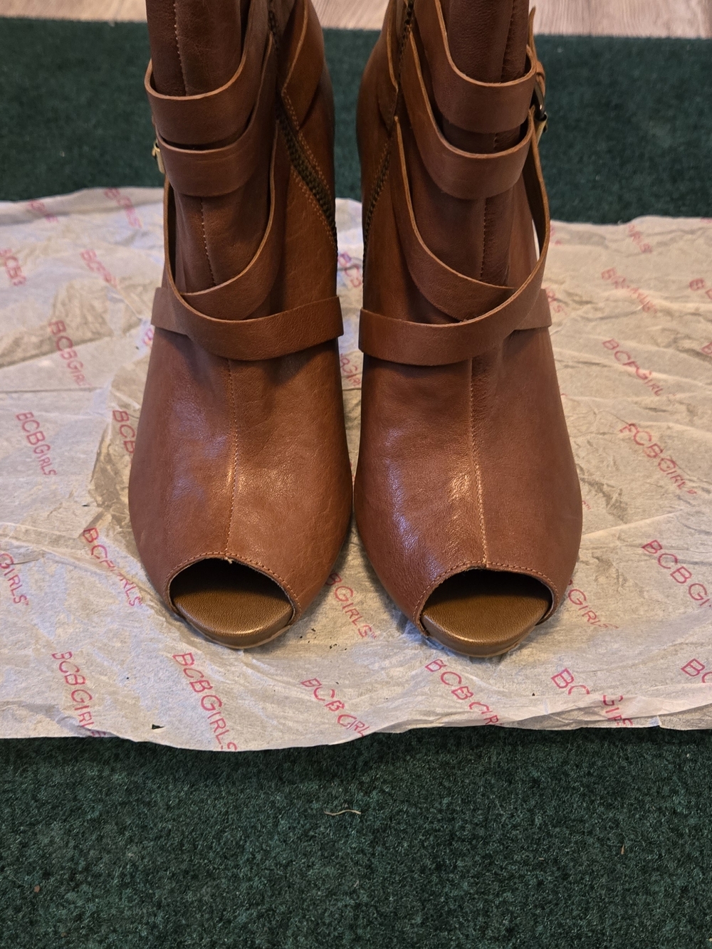 BCBGeneration Tan Brown Peep-Toe Strappy Ankle Boots